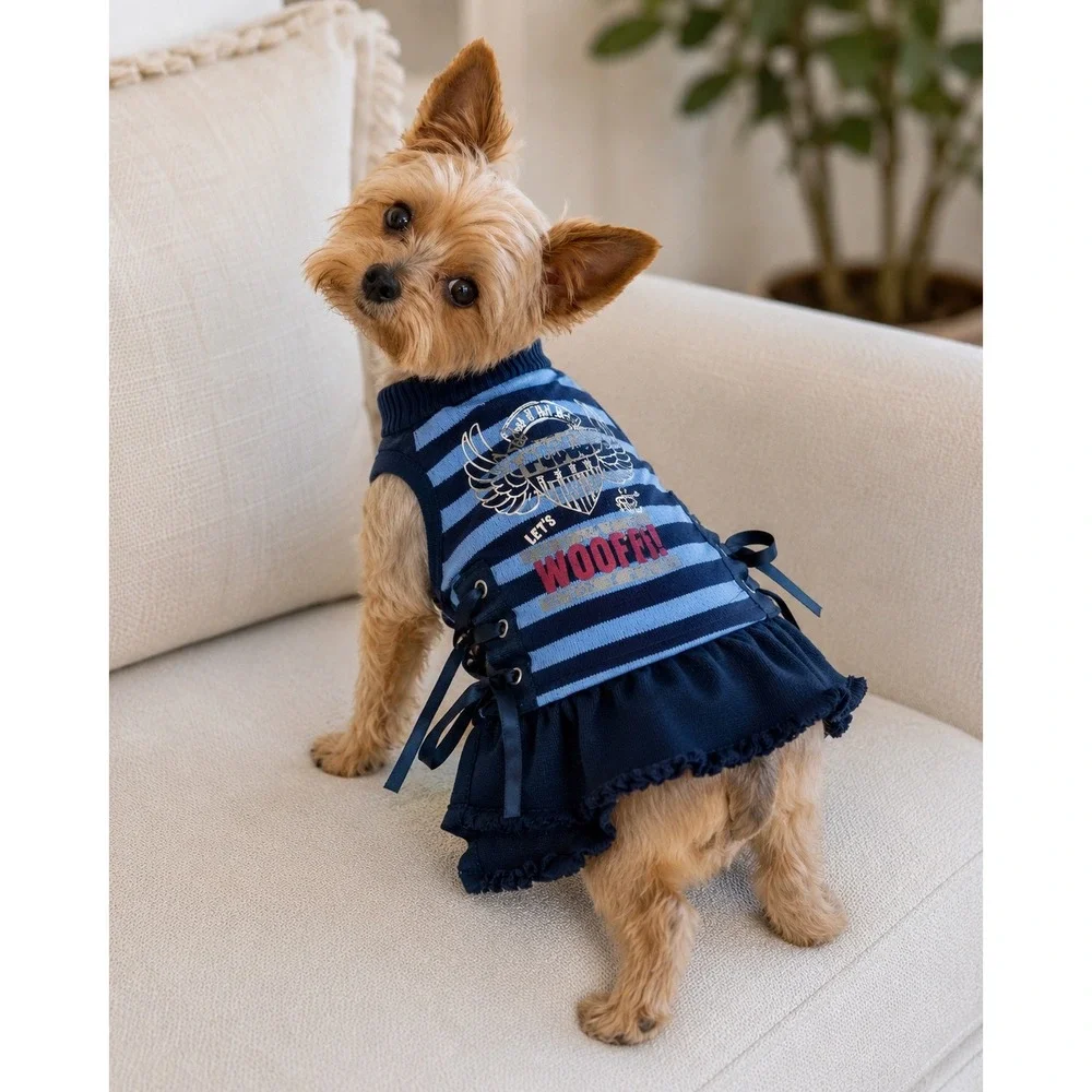 Wooflink Dog Dress Blue Black Striped Good Lace-up Side Detail
